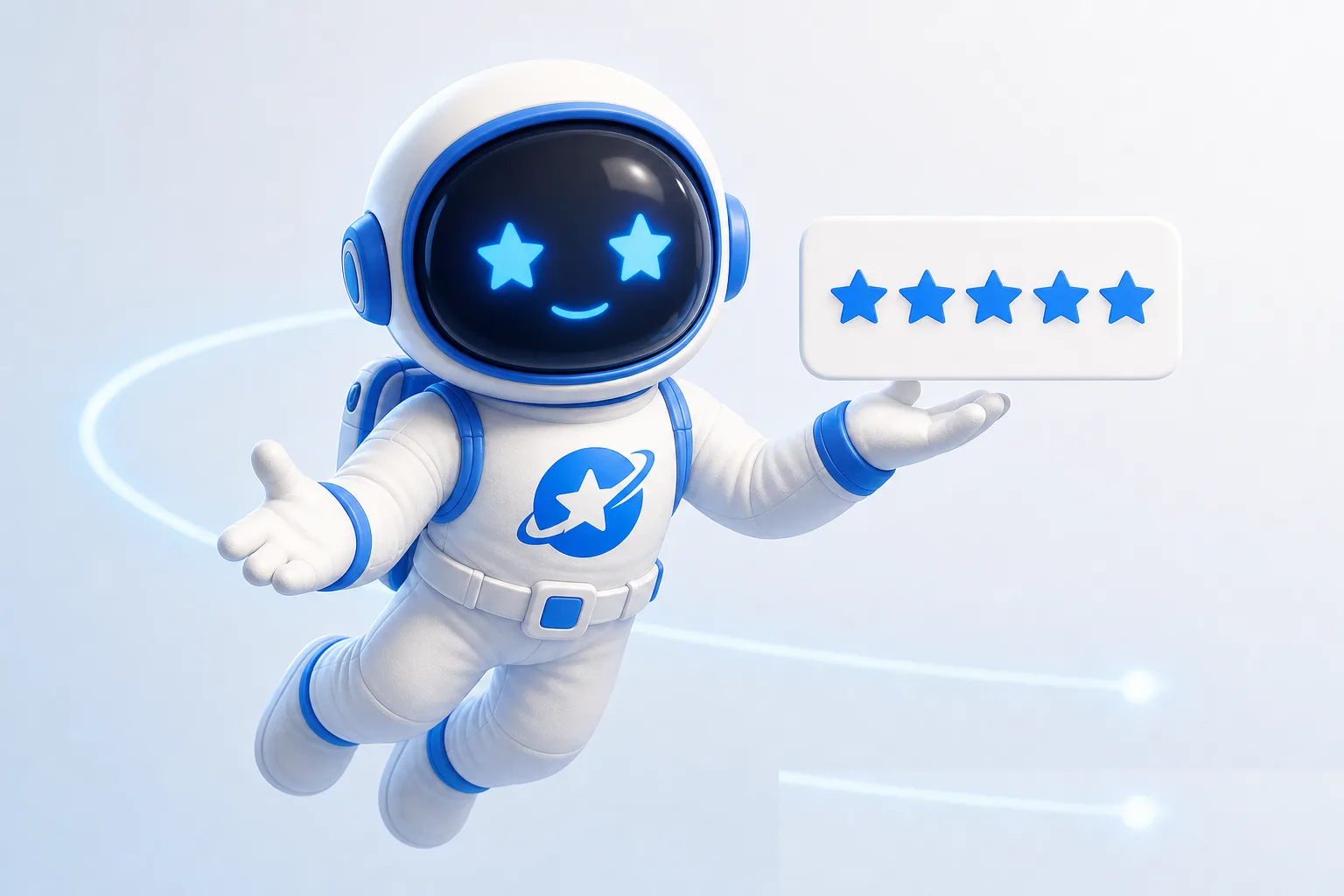 Hubert, the SocialBizHub guide, holding up a five-star review