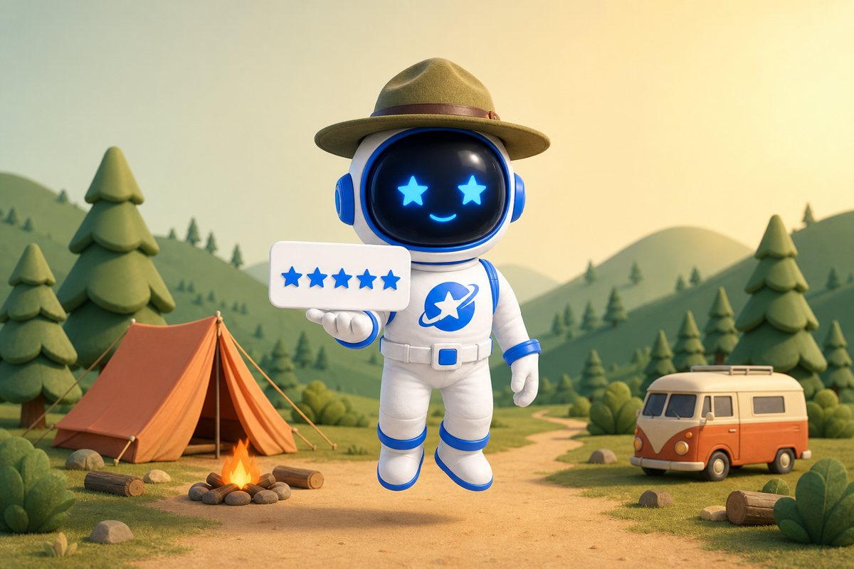 Hubert, the SocialBizHub guide, wearing a ranger hat at a campground and holding up a five-star review