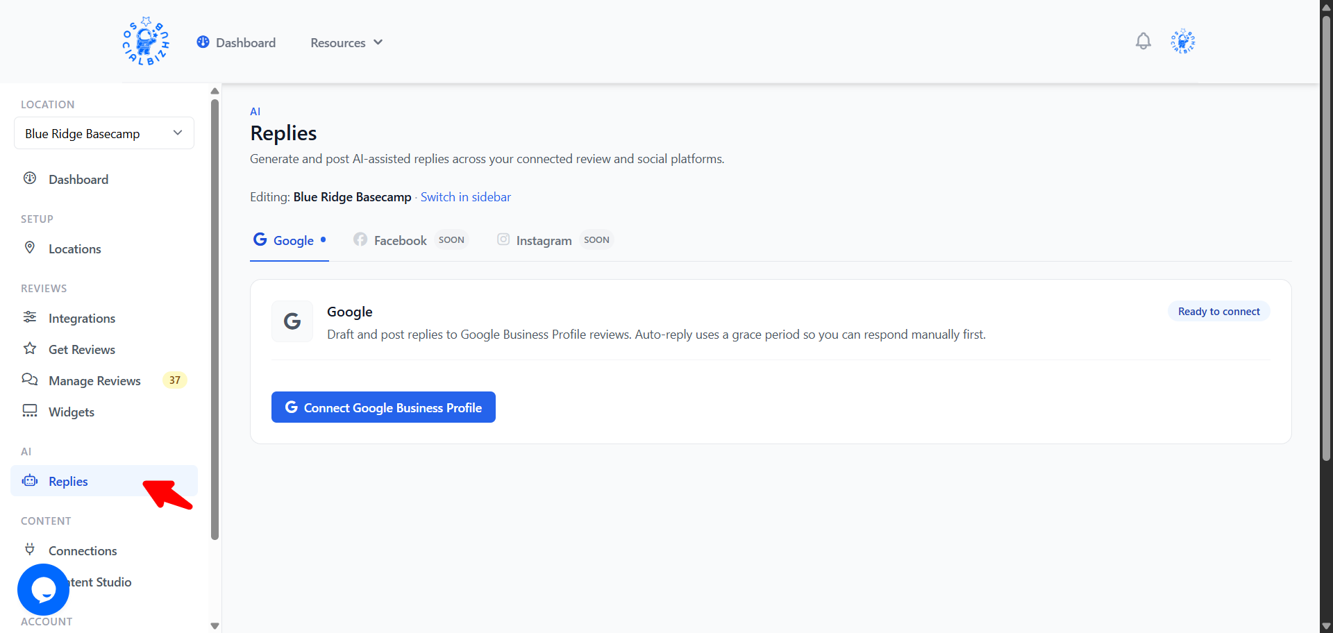 AI Replies page with the Google tab selected