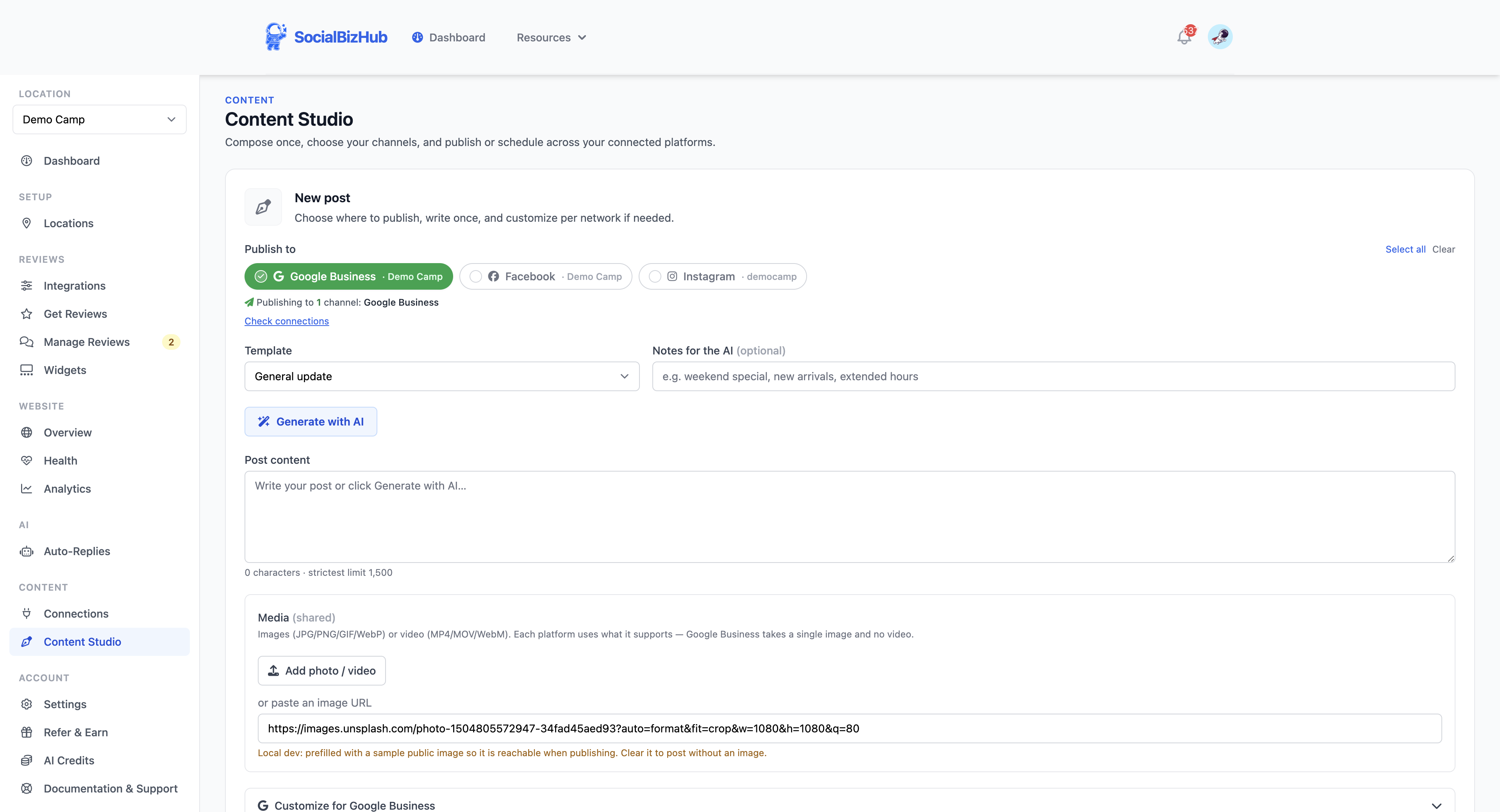 Content Studio composer with the channel selector, AI generation, and media uploader