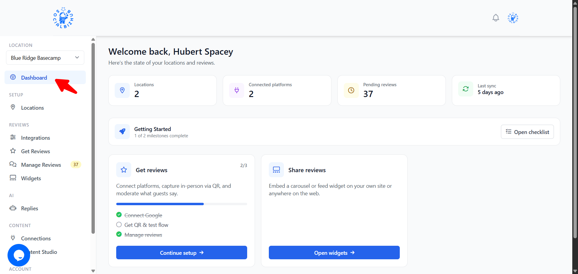 Dashboard with Getting Started checklist and workflow cards