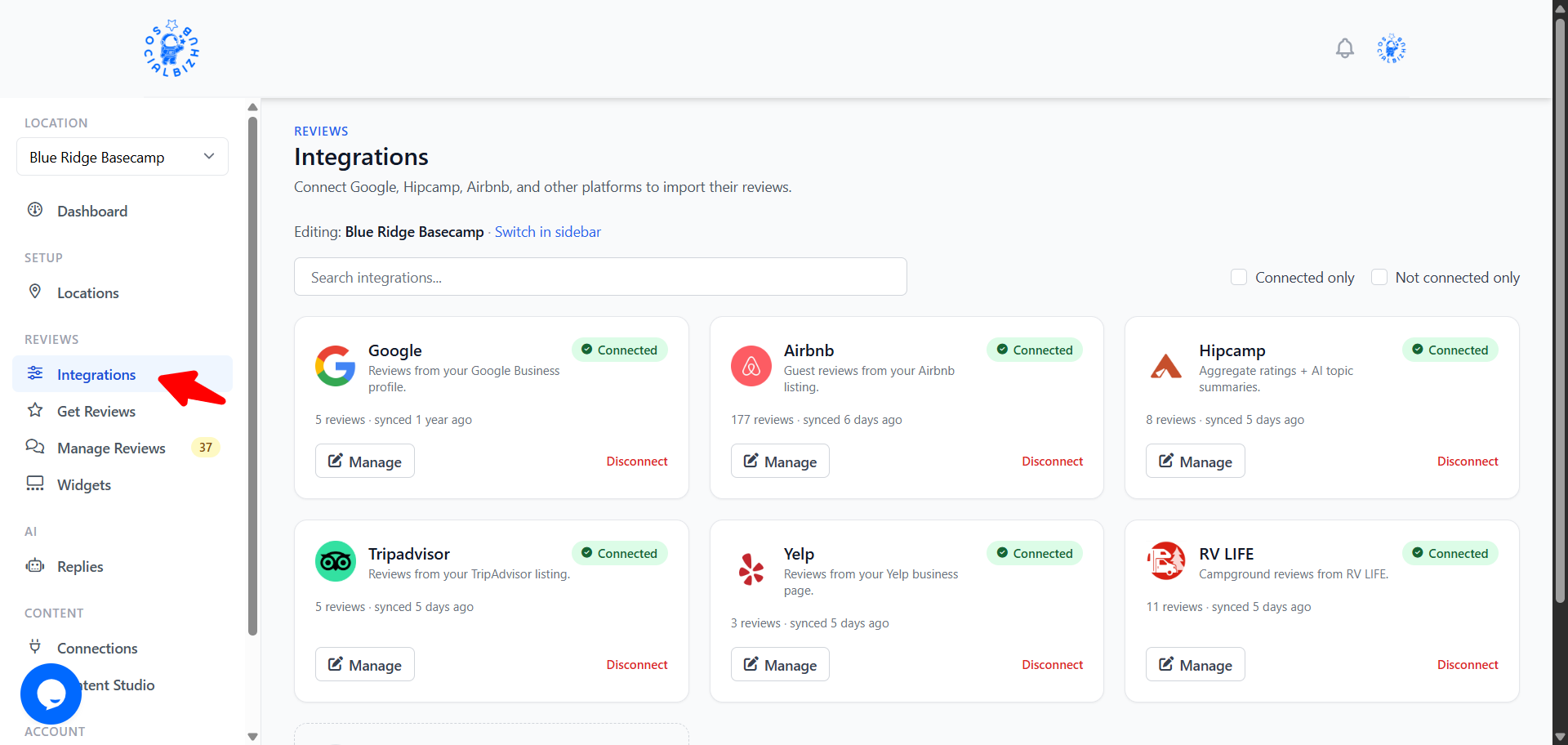 Integrations page with platform cards