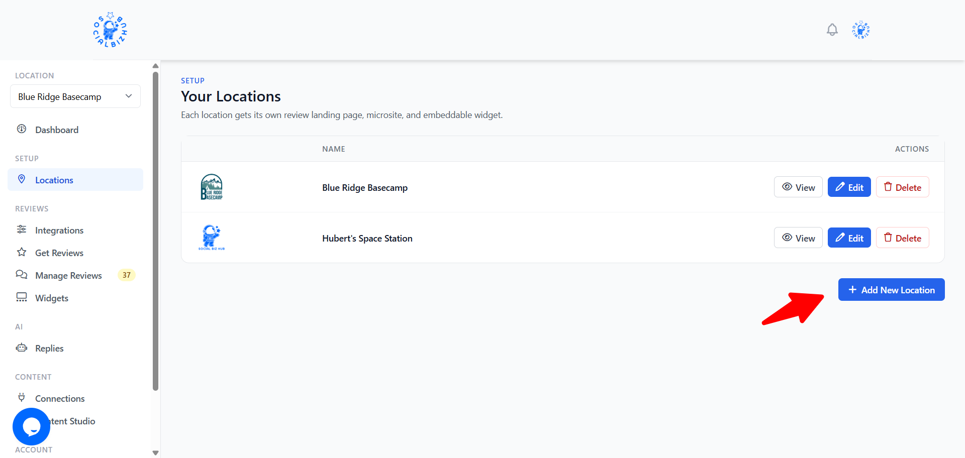 Your Locations page with Add New Location button
