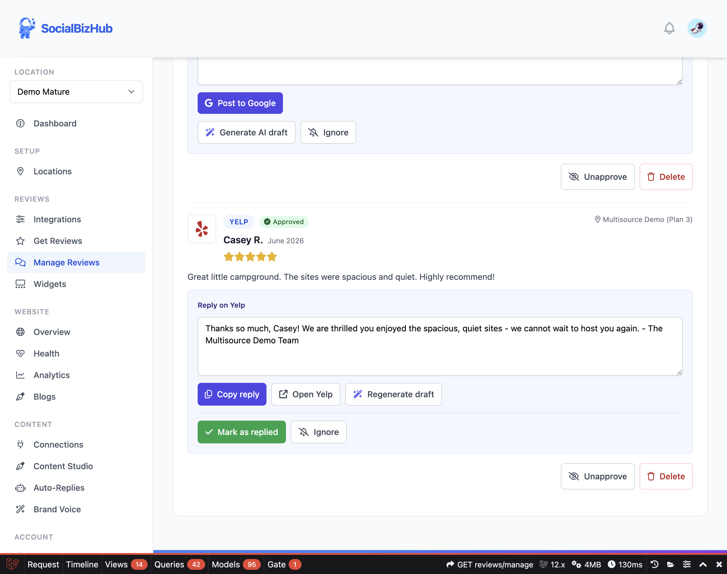 The Needs reply queue showing a Google review with "Post to Google" and a Yelp review with "Copy reply", "Open Yelp" and "Mark as replied"