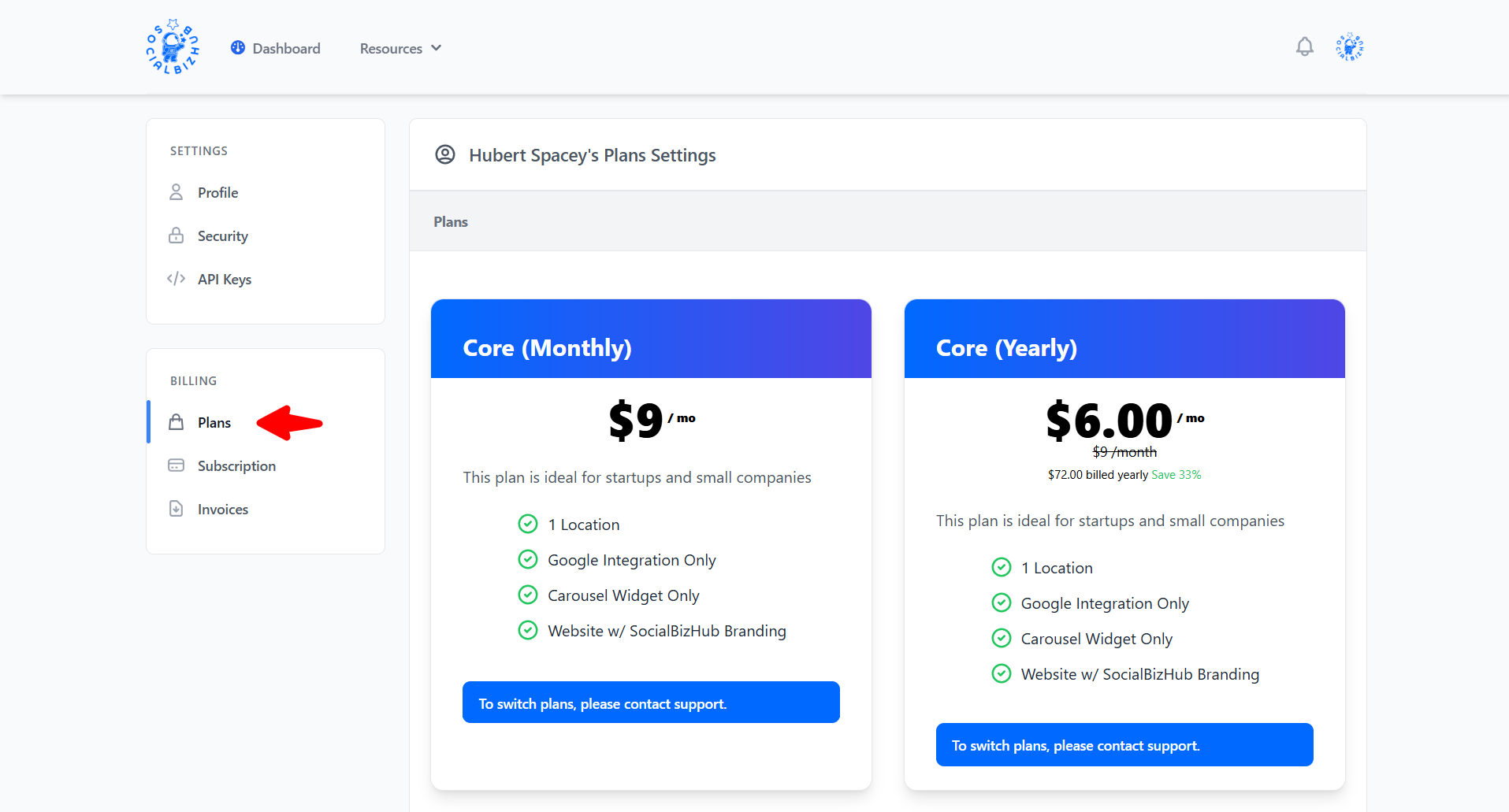 Pricing page with plan cards and Monthly/Yearly toggle