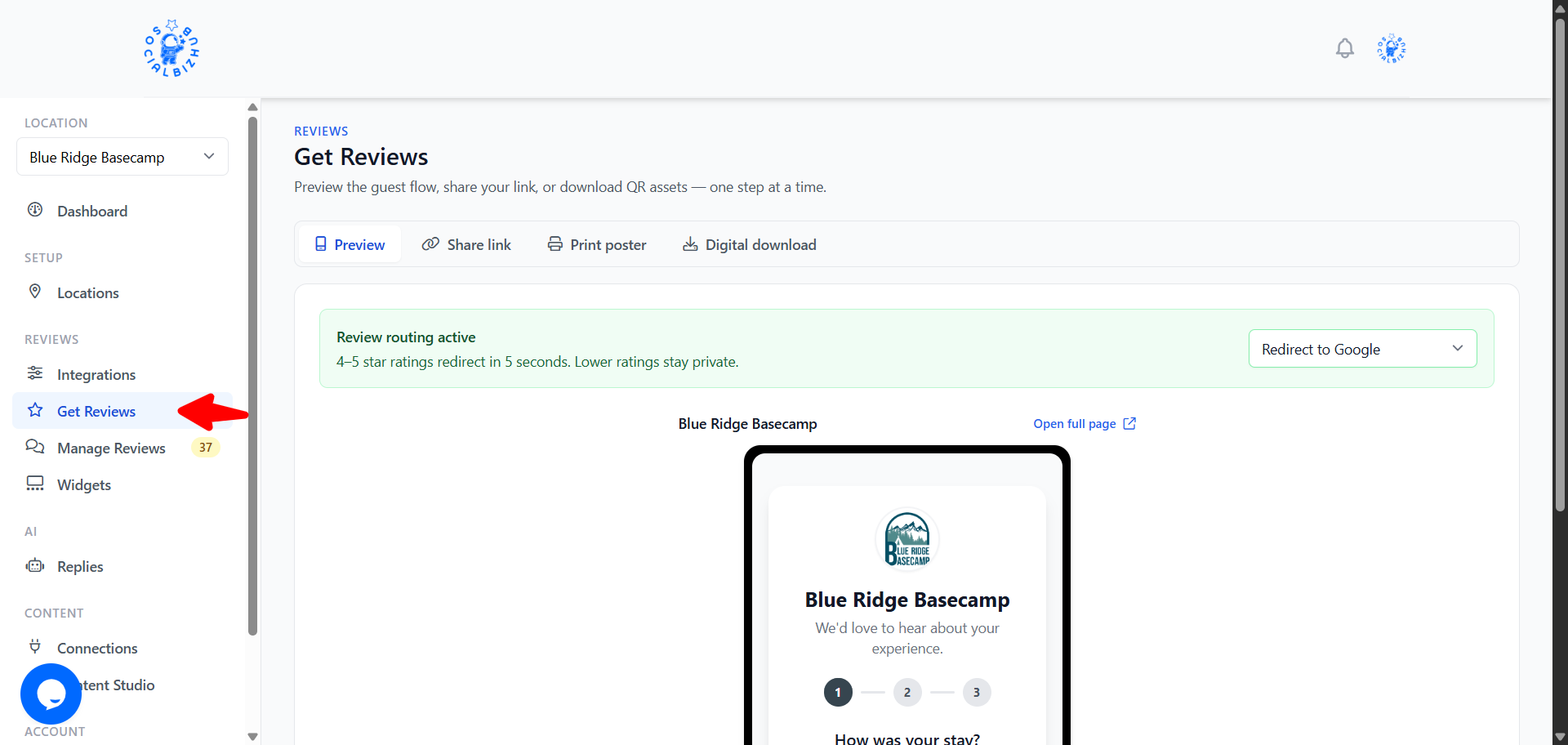 Get Reviews page with Preview, Share link, Print poster, and Digital download tabs