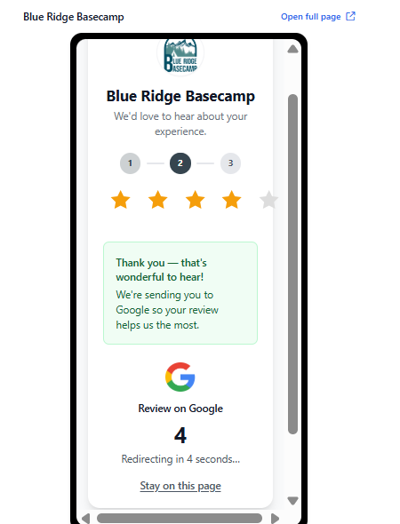 Review landing page star rating and redirect countdown