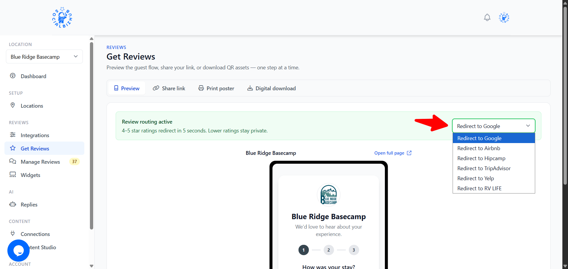 Review routing active banner with Redirect to dropdown