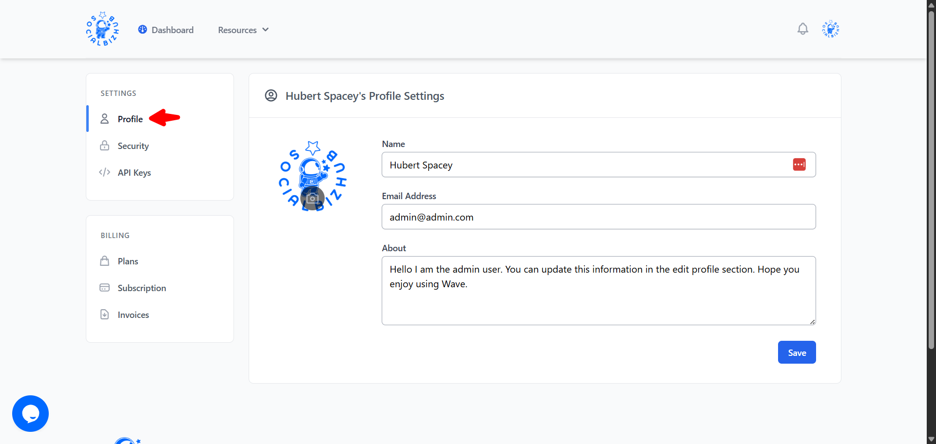 Settings Profile page
