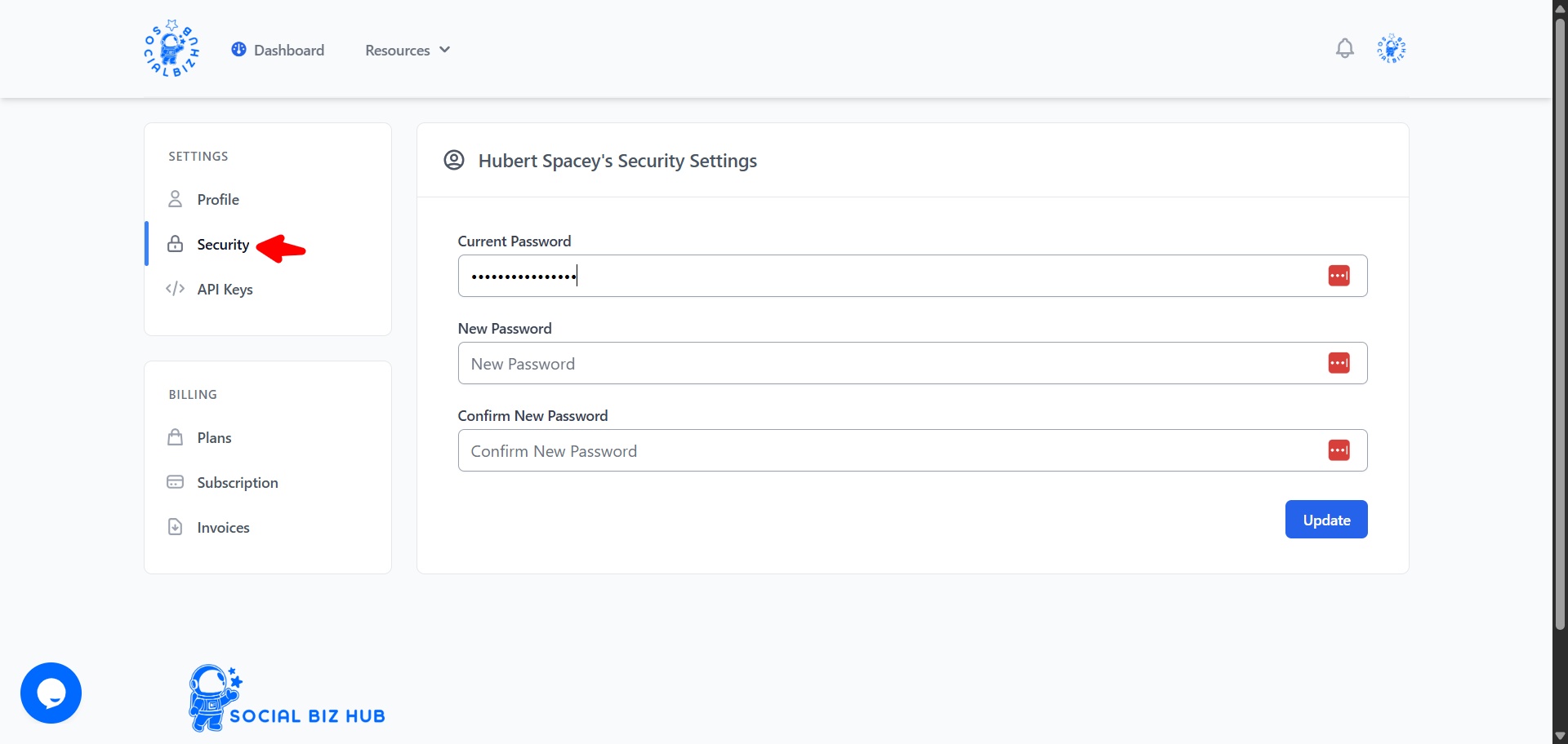 Settings Security page