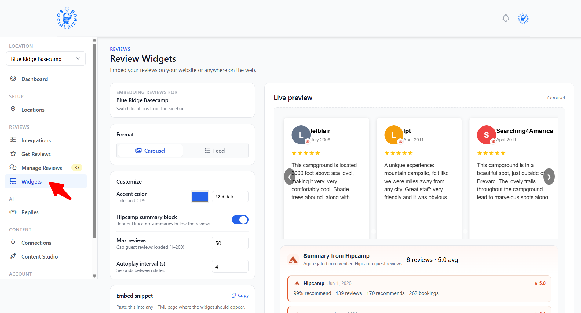 Review Widgets builder with live preview